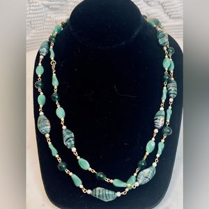 Vintage Green Black Red Art Glass Bead Extra Long Necklace- 36”